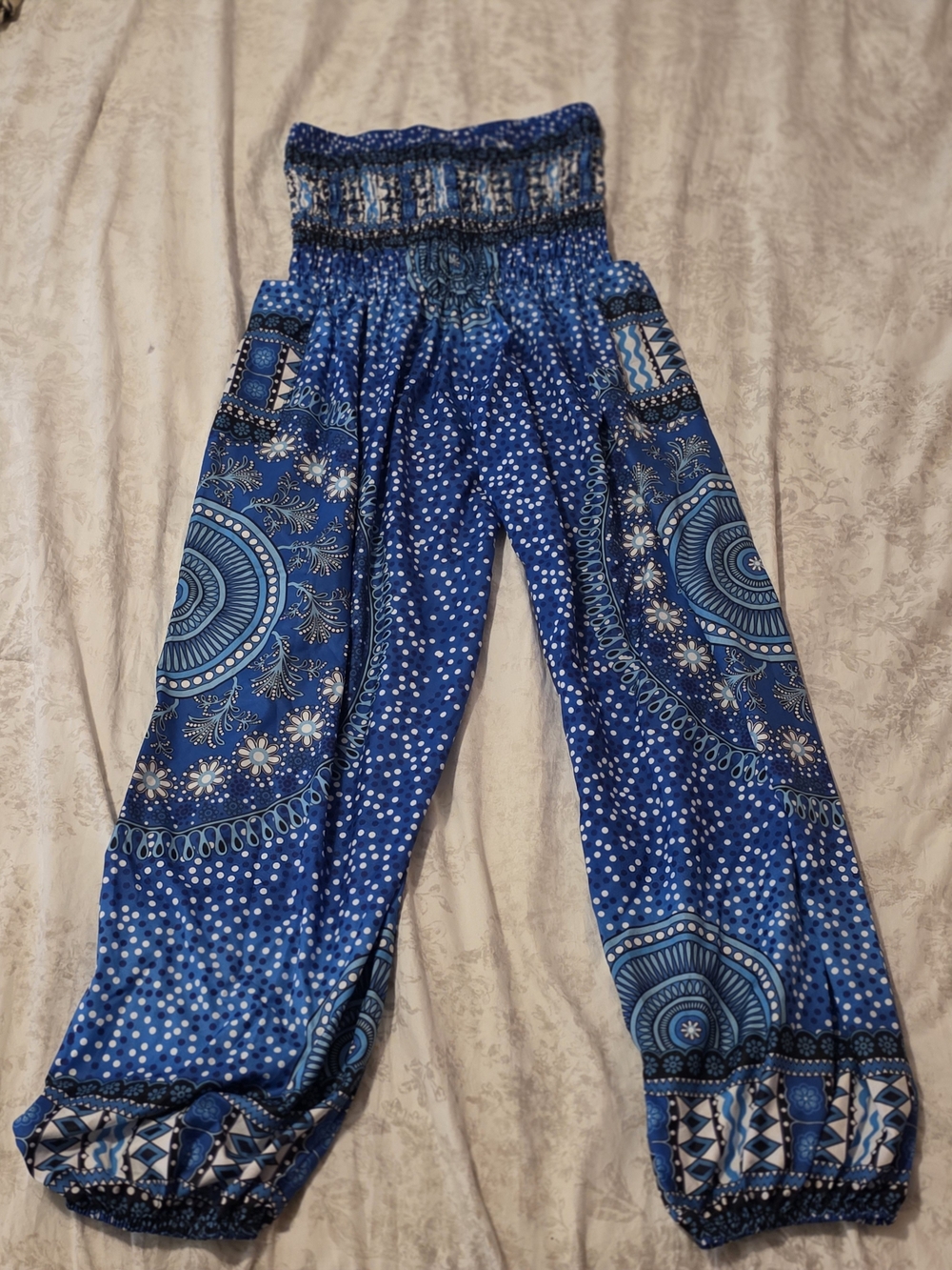 Bohemian Blue Smocked Waist Harem Joggers